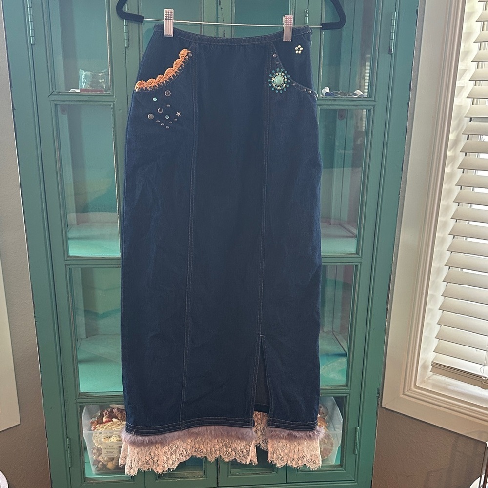 Vintage Double D Ranch Denim Maxi Skirt – Rare Embellished Western Boho Couture - Picture 1 of 6